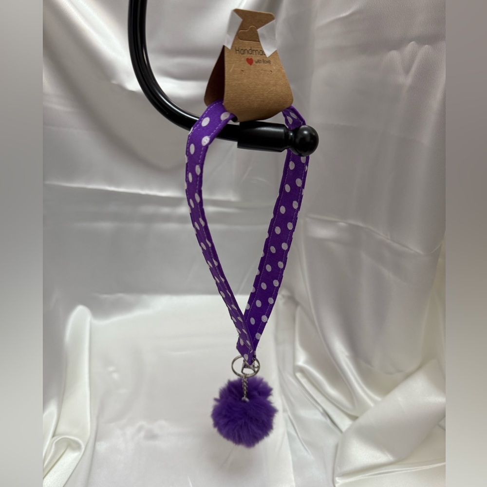 Handmade Purple and White Polka Dot Wristlet Keychain with Purple Pompom